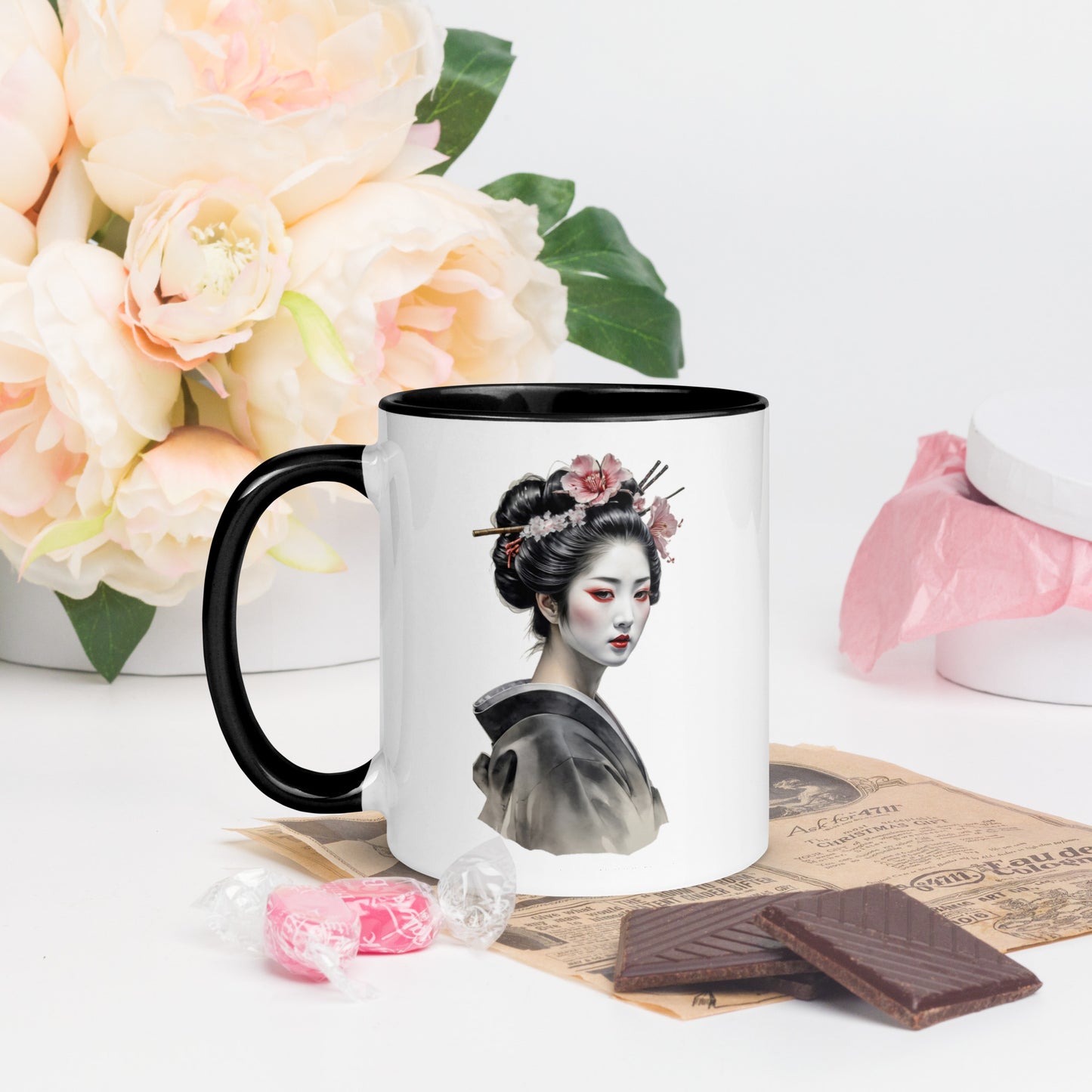 Taza de Cerámica con Interior y Asa de Color – Diseño de Geisha Relajada ideal para tener Estilo y Personalidad - MyDDesign Store