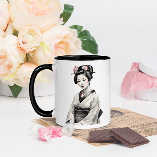 Taza de Cerámica con Interior y Asa de Color – Diseño de Geisha Posando ideal para tener Estilo y Personalidad - MyDDesign Store