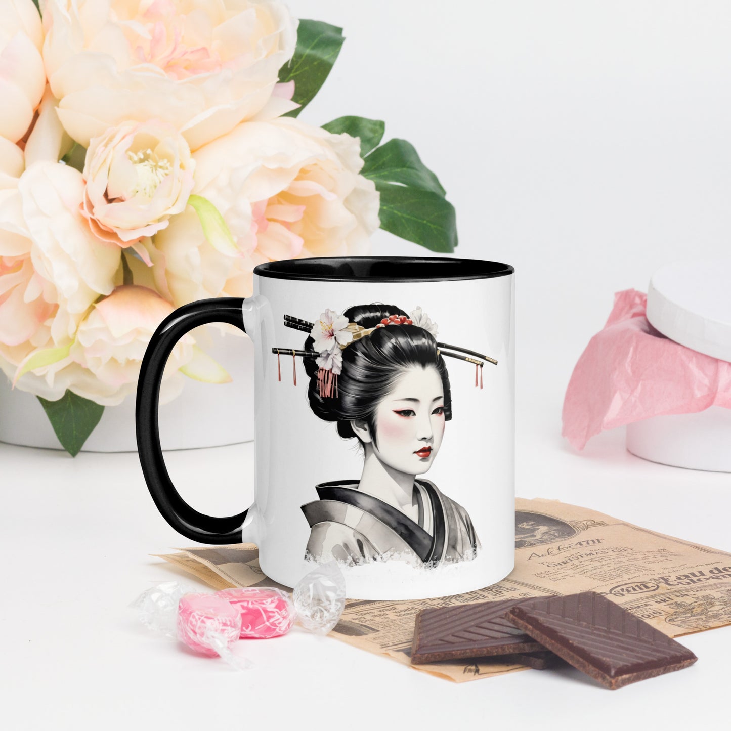 Taza de Cerámica con Interior y Asa de Color "La Belleza de la Geisha" - Estilo y Personalidad - MyDDesign Store