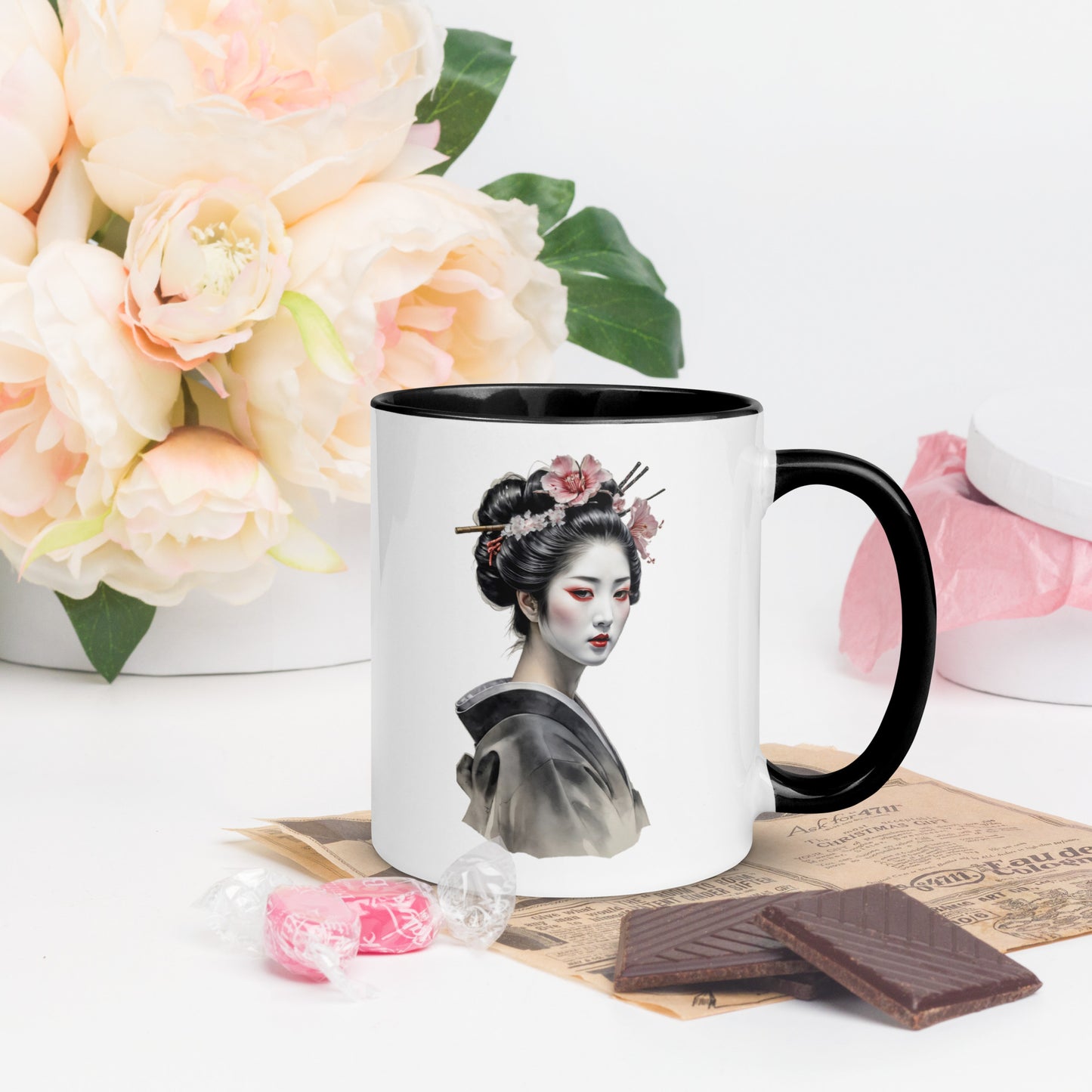 Taza de Cerámica con Interior y Asa de Color – Diseño de Geisha Relajada ideal para tener Estilo y Personalidad - MyDDesign Store