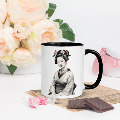 Taza de Cerámica con Interior y Asa de Color – Diseño de Geisha Posando ideal para tener Estilo y Personalidad - MyDDesign Store