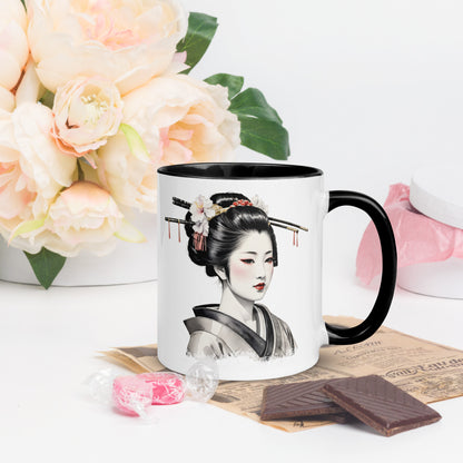 Taza de Cerámica con Interior y Asa de Color "La Belleza de la Geisha" - Estilo y Personalidad - MyDDesign Store