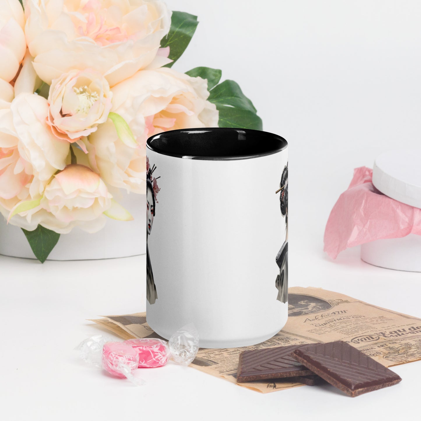 Taza de Cerámica con Interior y Asa de Color – Diseño de Geisha Relajada ideal para tener Estilo y Personalidad - MyDDesign Store