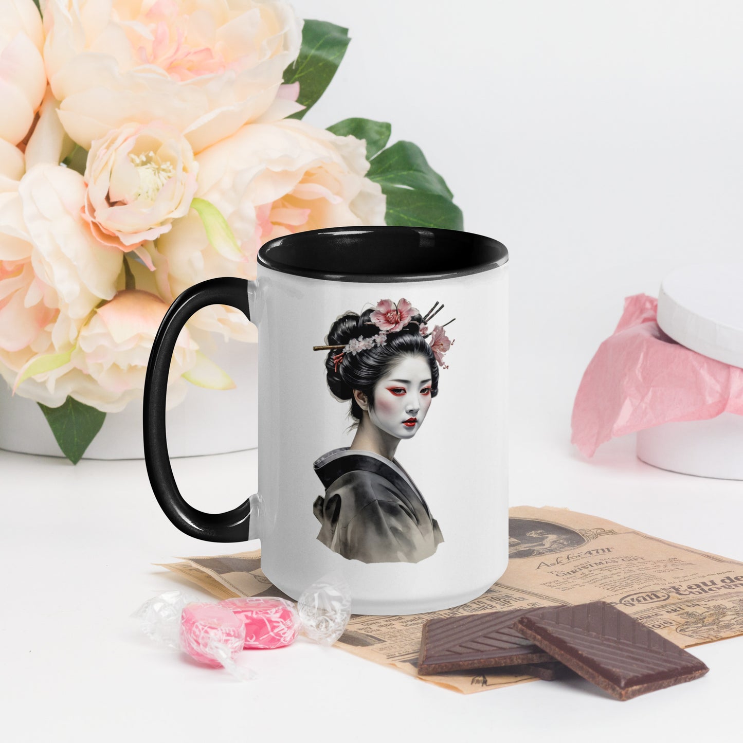 Taza de Cerámica con Interior y Asa de Color – Diseño de Geisha Relajada ideal para tener Estilo y Personalidad - MyDDesign Store