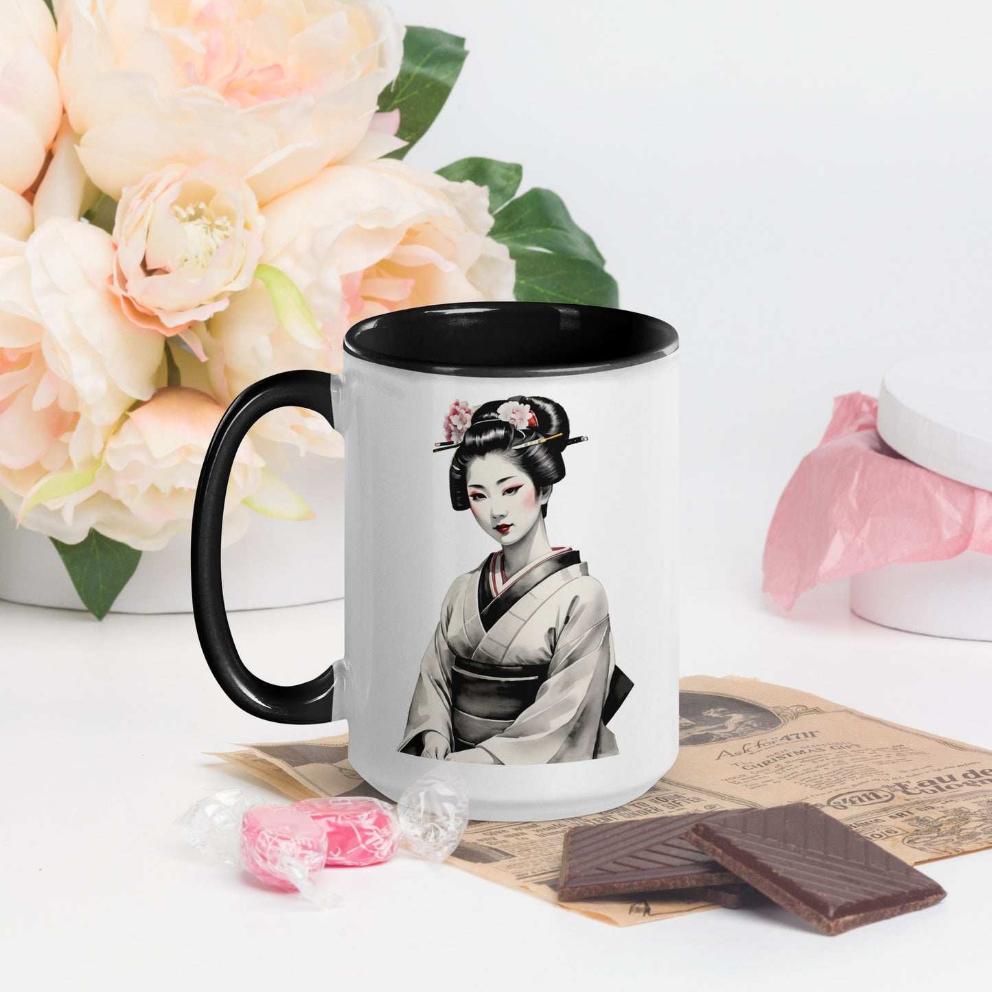 Taza de Cerámica con Interior y Asa de Color – Diseño de Geisha Posando ideal para tener Estilo y Personalidad - MyDDesign Store