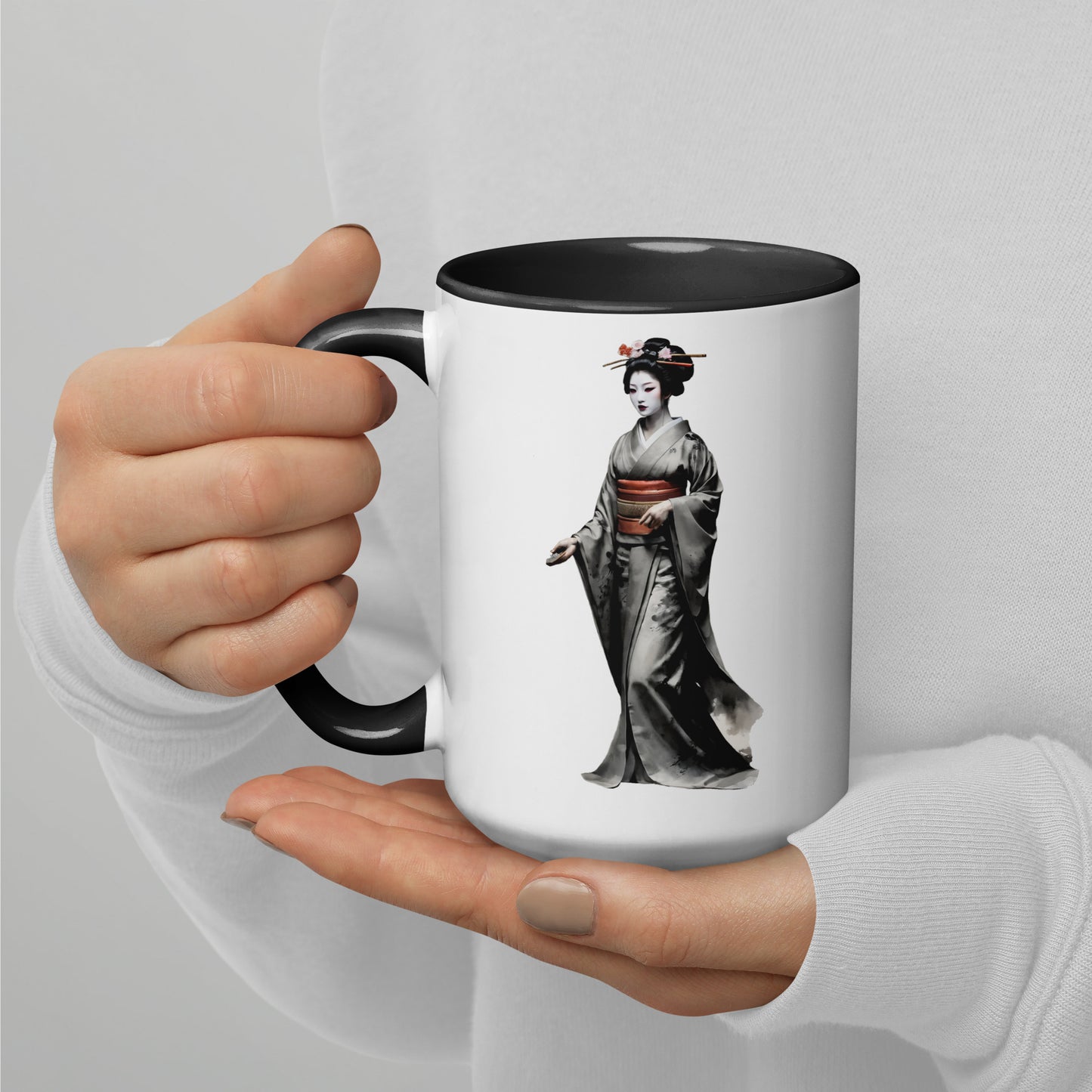 Taza de Cerámica con Interior y Asa de Color "La elegante Geisha" - Estilo y Personalidad - MyDDesign Store