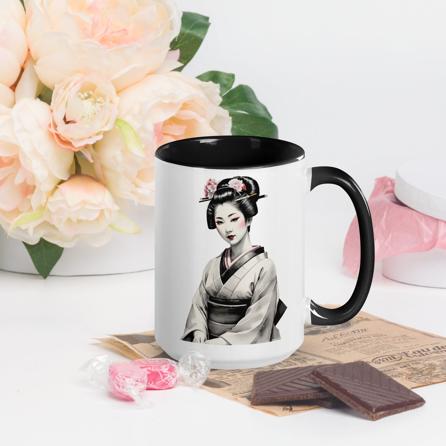 Taza de Cerámica con Interior y Asa de Color – Diseño de Geisha Posando ideal para tener Estilo y Personalidad - MyDDesign Store