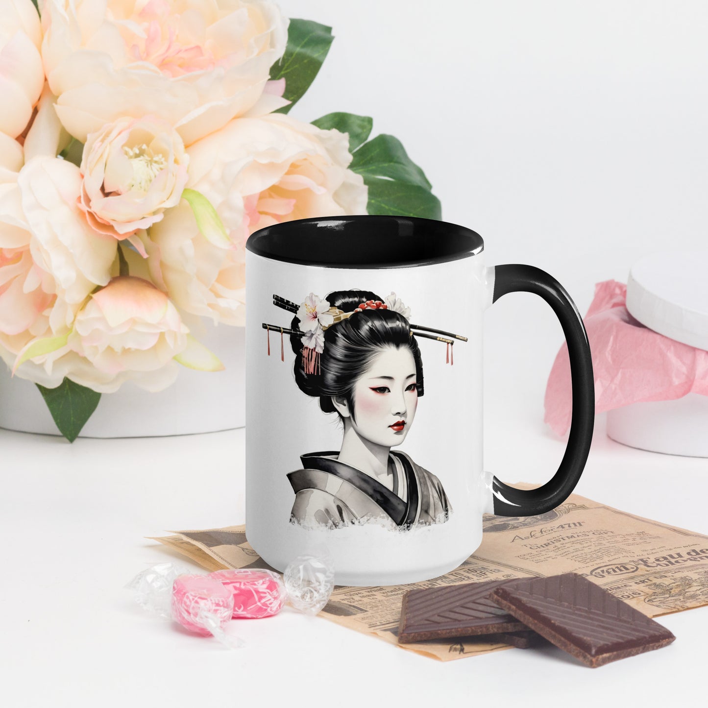 Taza de Cerámica con Interior y Asa de Color "La Belleza de la Geisha" - Estilo y Personalidad - MyDDesign Store