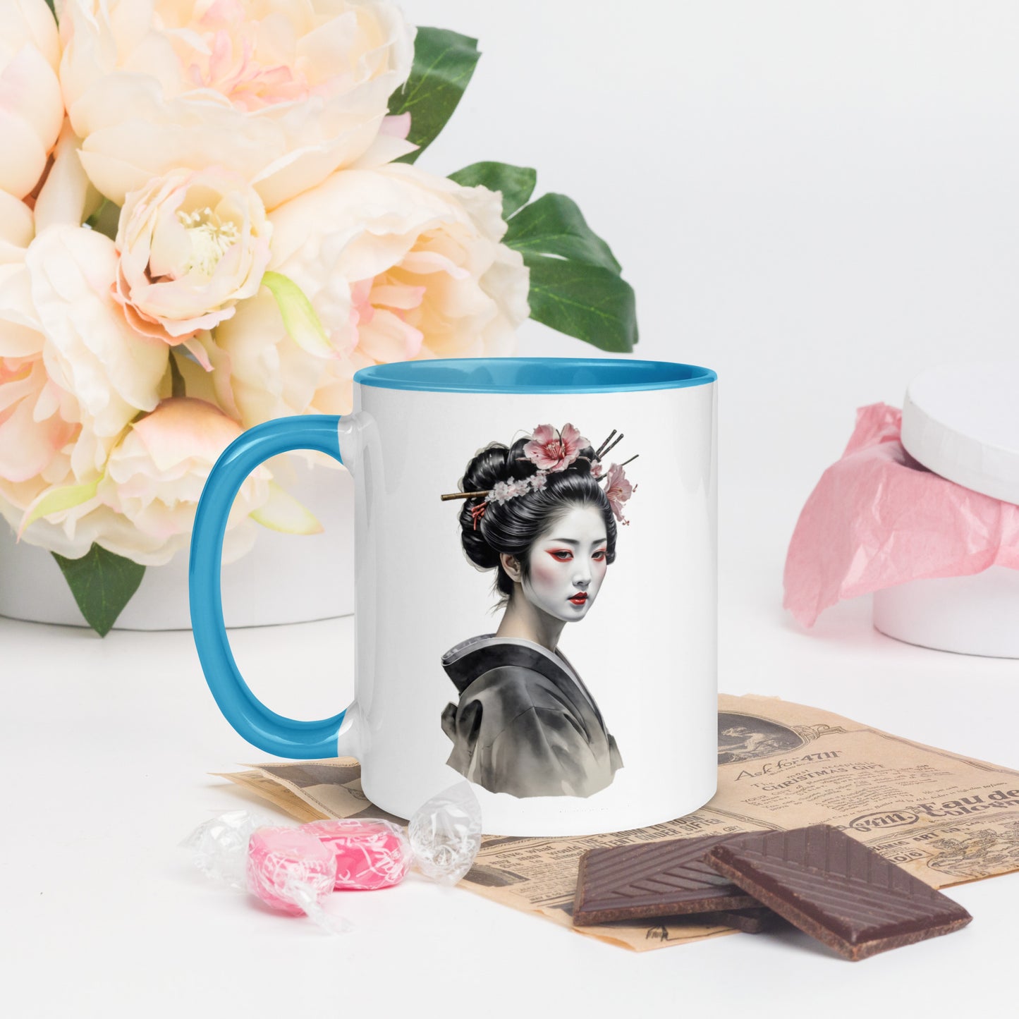 Taza de Cerámica con Interior y Asa de Color – Diseño de Geisha Relajada ideal para tener Estilo y Personalidad - MyDDesign Store