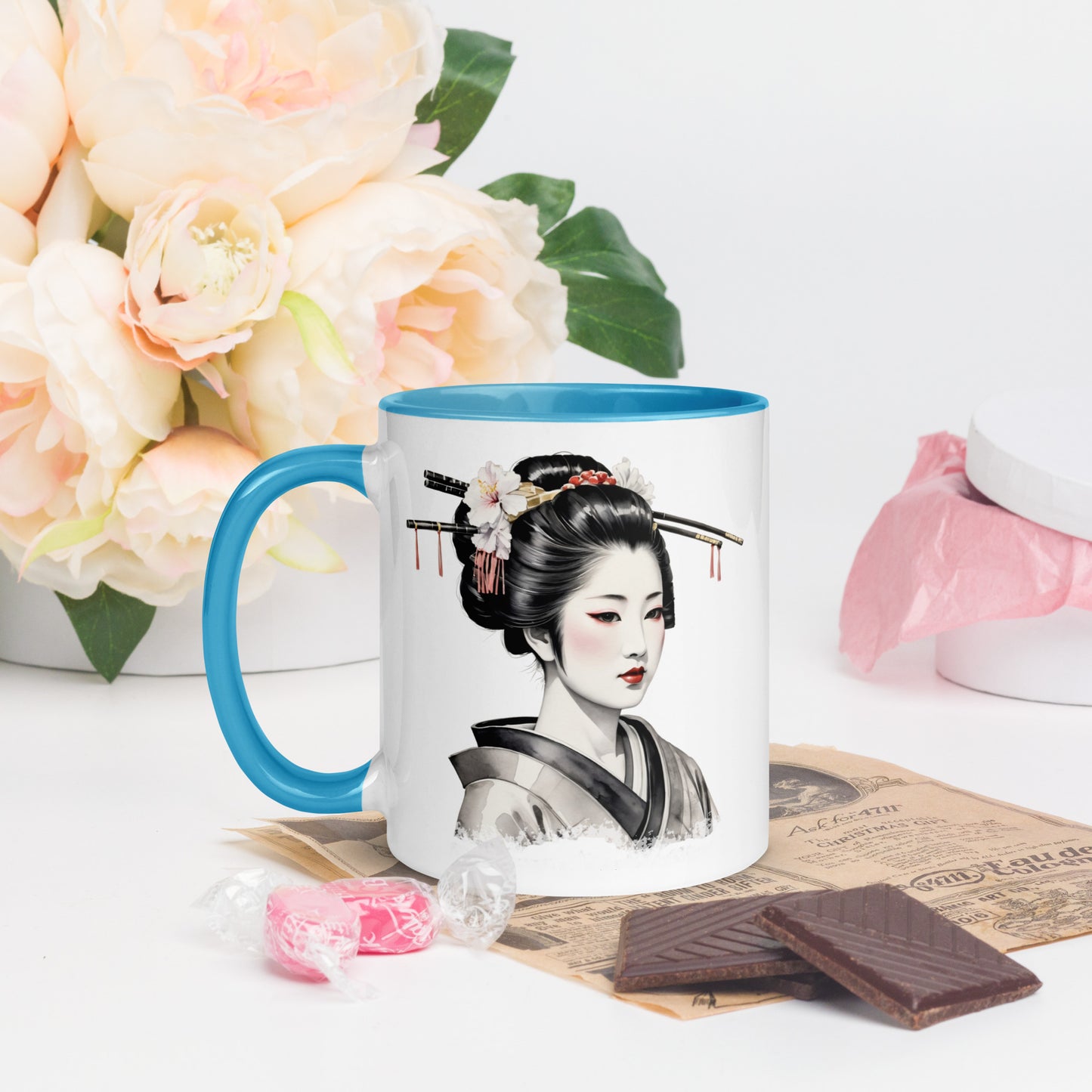 Taza de Cerámica con Interior y Asa de Color "La Belleza de la Geisha" - Estilo y Personalidad - MyDDesign Store