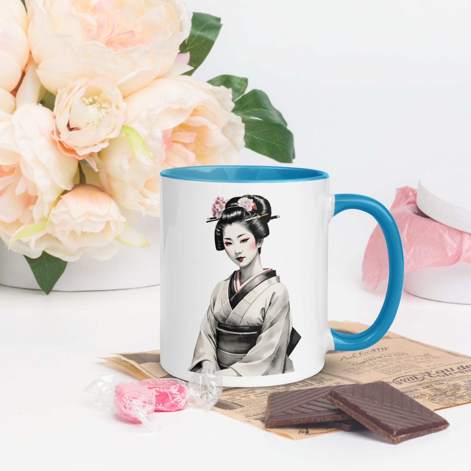 Taza de Cerámica con Interior y Asa de Color – Diseño de Geisha Posando ideal para tener Estilo y Personalidad - MyDDesign Store