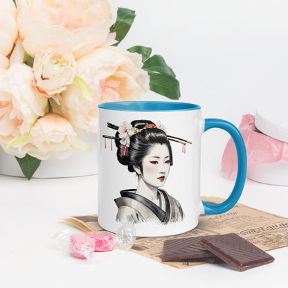 Taza de Cerámica con Interior y Asa de Color "La Belleza de la Geisha" - Estilo y Personalidad - MyDDesign Store