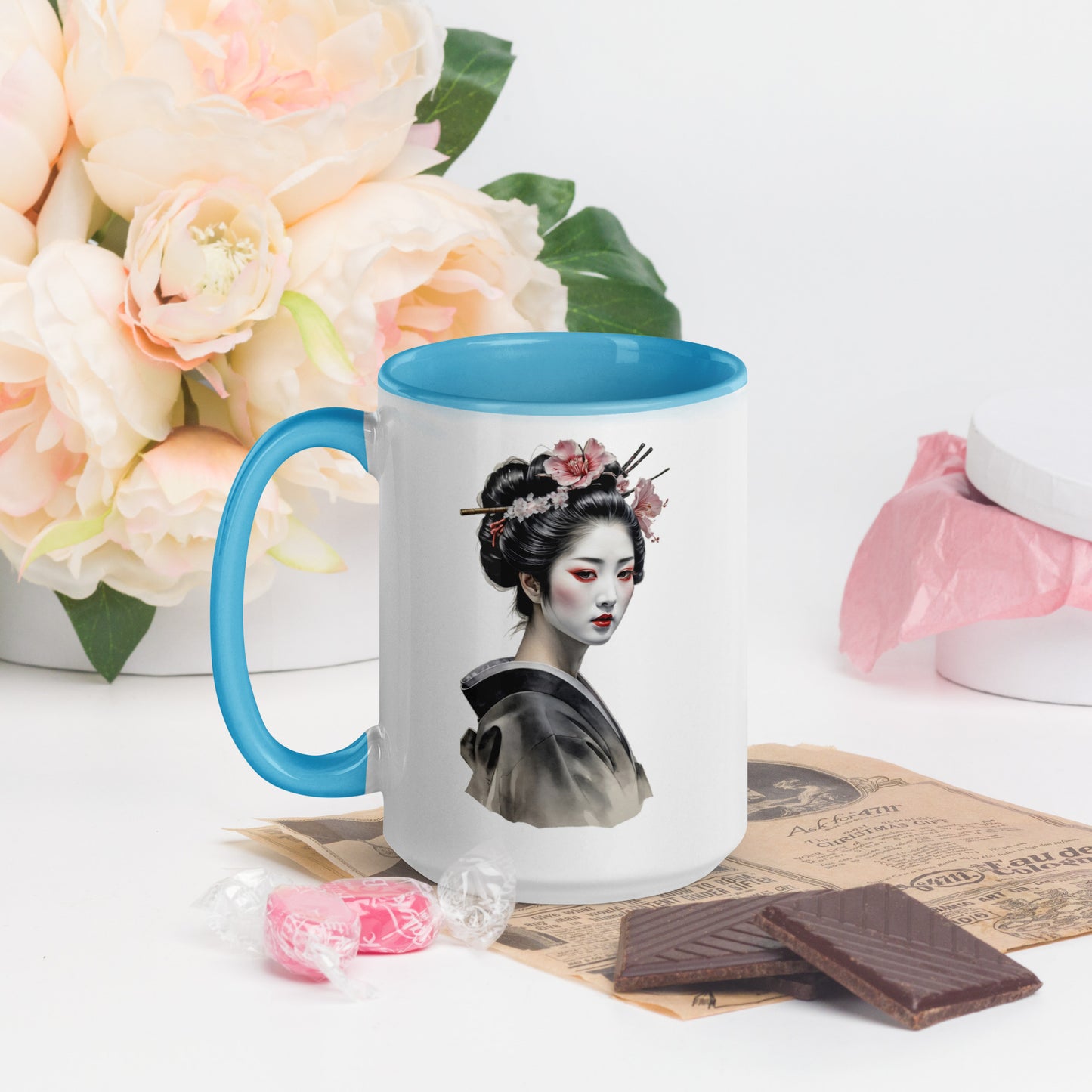 Taza de Cerámica con Interior y Asa de Color – Diseño de Geisha Relajada ideal para tener Estilo y Personalidad - MyDDesign Store