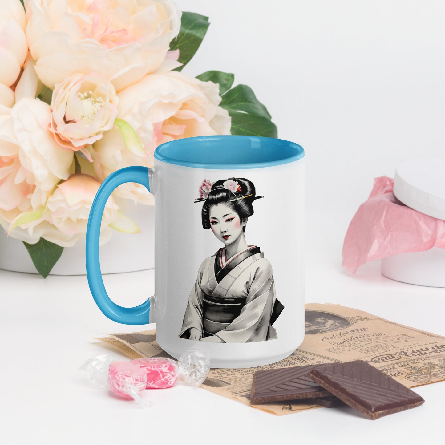 Taza de Cerámica con Interior y Asa de Color – Diseño de Geisha Posando ideal para tener Estilo y Personalidad - MyDDesign Store