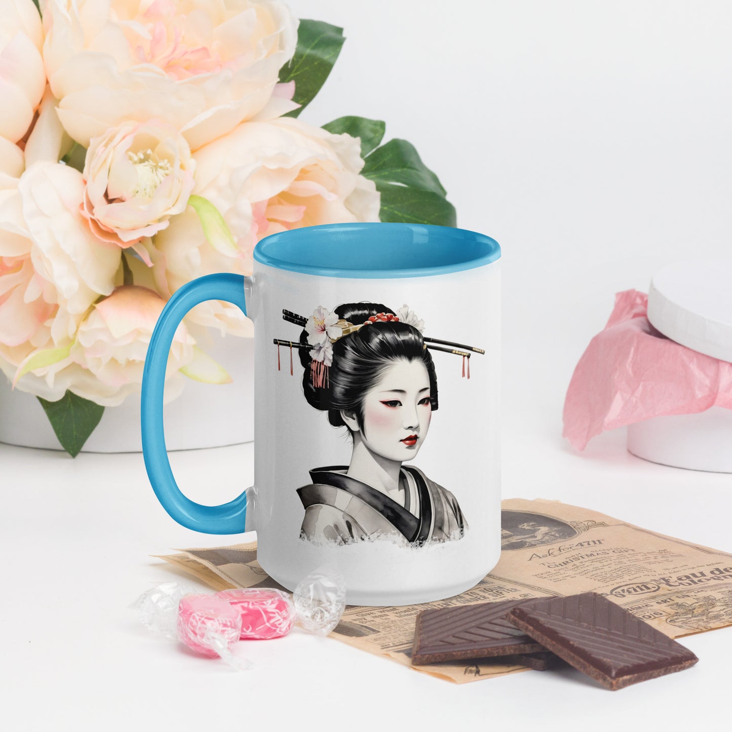 Taza de Cerámica con Interior y Asa de Color "La Belleza de la Geisha" - Estilo y Personalidad - MyDDesign Store