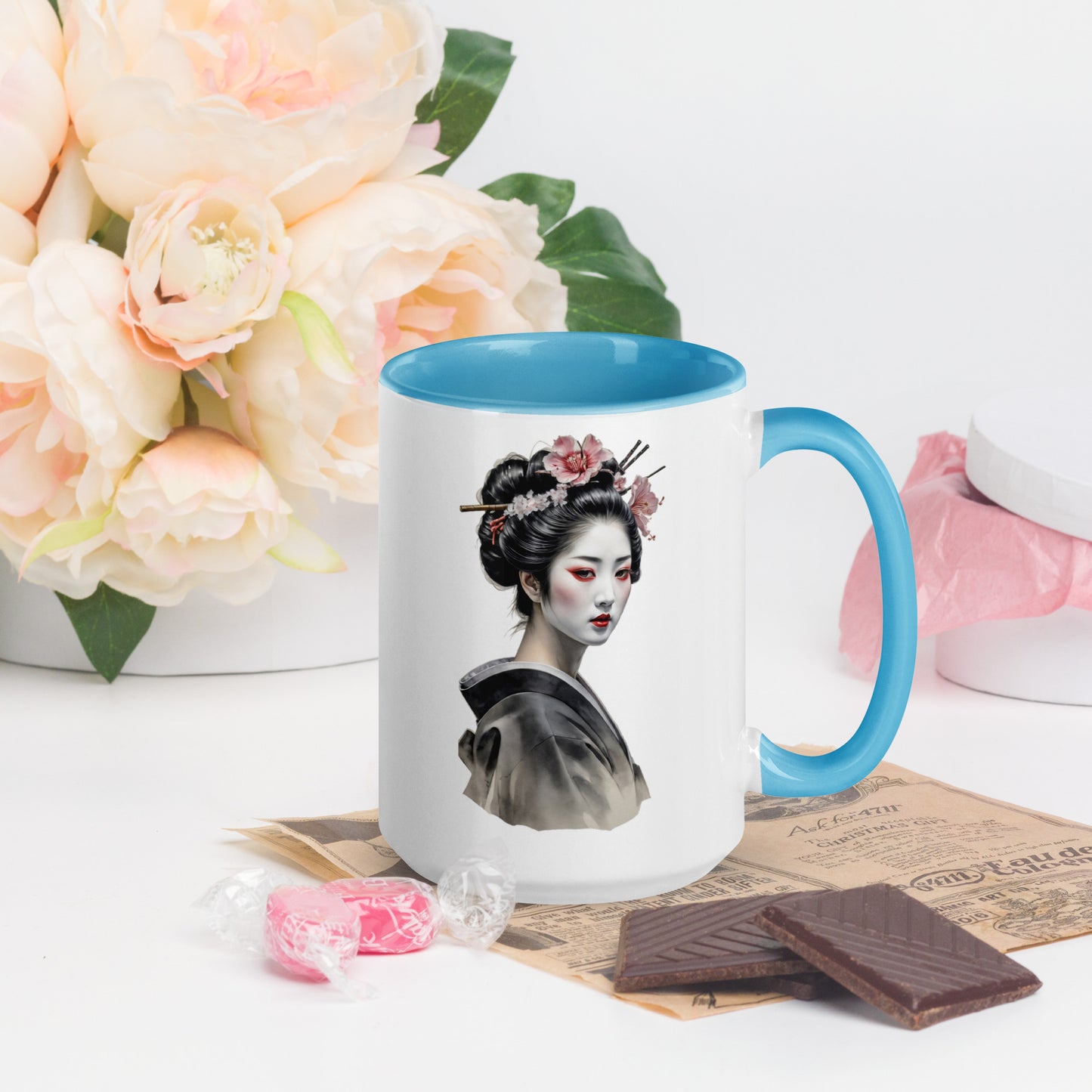 Taza de Cerámica con Interior y Asa de Color – Diseño de Geisha Relajada ideal para tener Estilo y Personalidad - MyDDesign Store