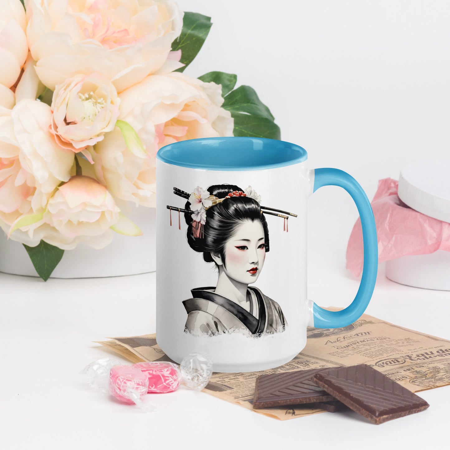 Taza de Cerámica con Interior y Asa de Color "La Belleza de la Geisha" - Estilo y Personalidad - MyDDesign Store