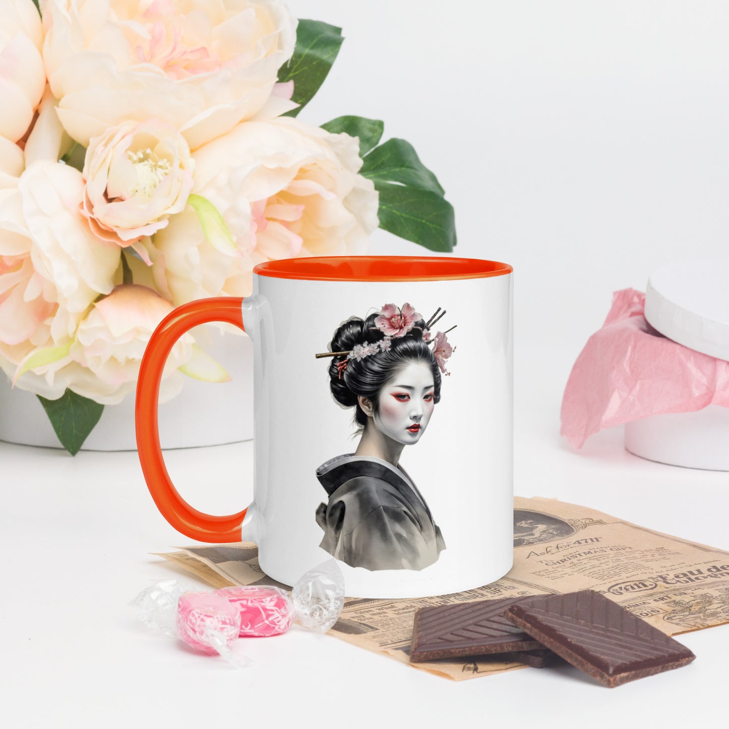 Taza de Cerámica con Interior y Asa de Color – Diseño de Geisha Relajada ideal para tener Estilo y Personalidad - MyDDesign Store