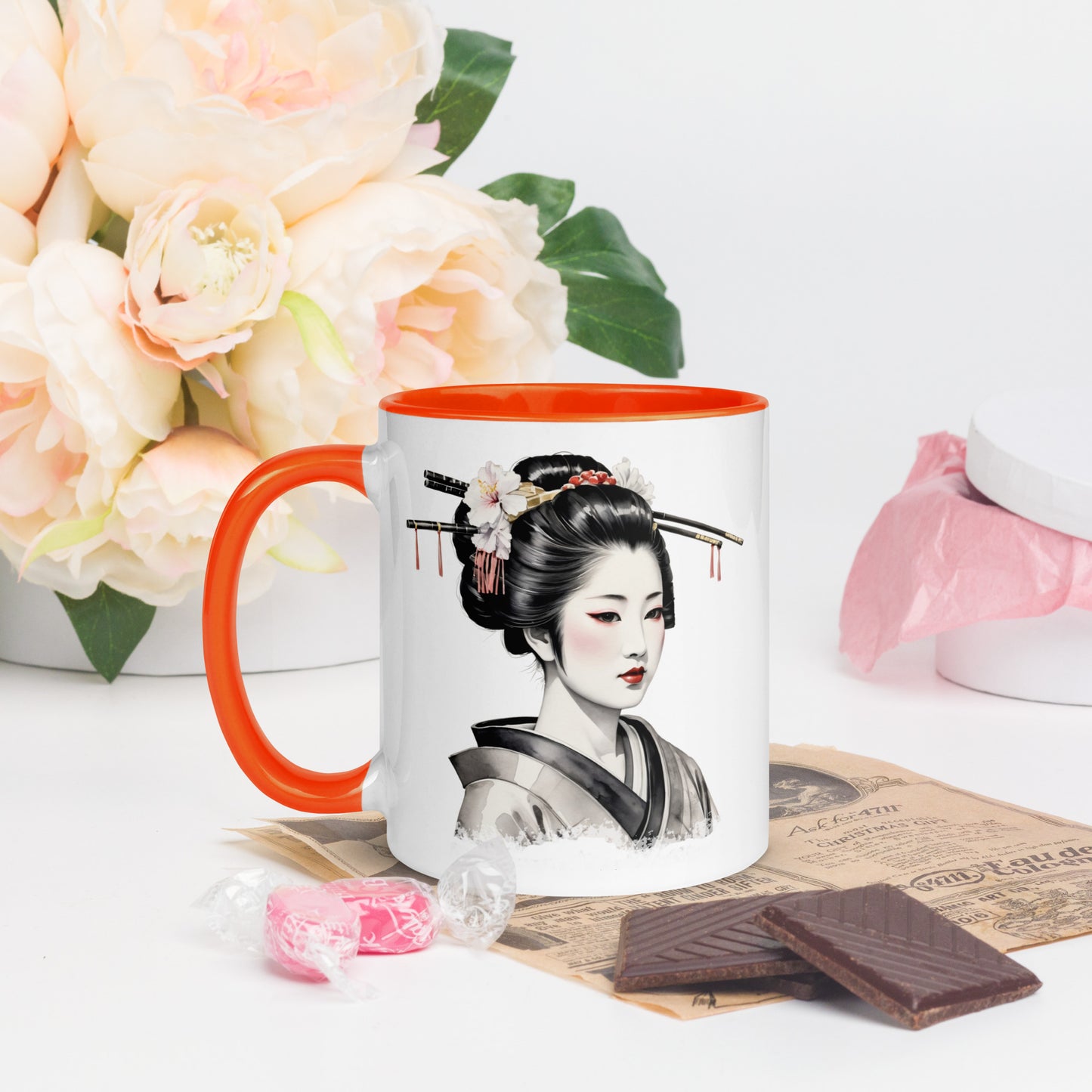 Taza de Cerámica con Interior y Asa de Color "La Belleza de la Geisha" - Estilo y Personalidad - MyDDesign Store