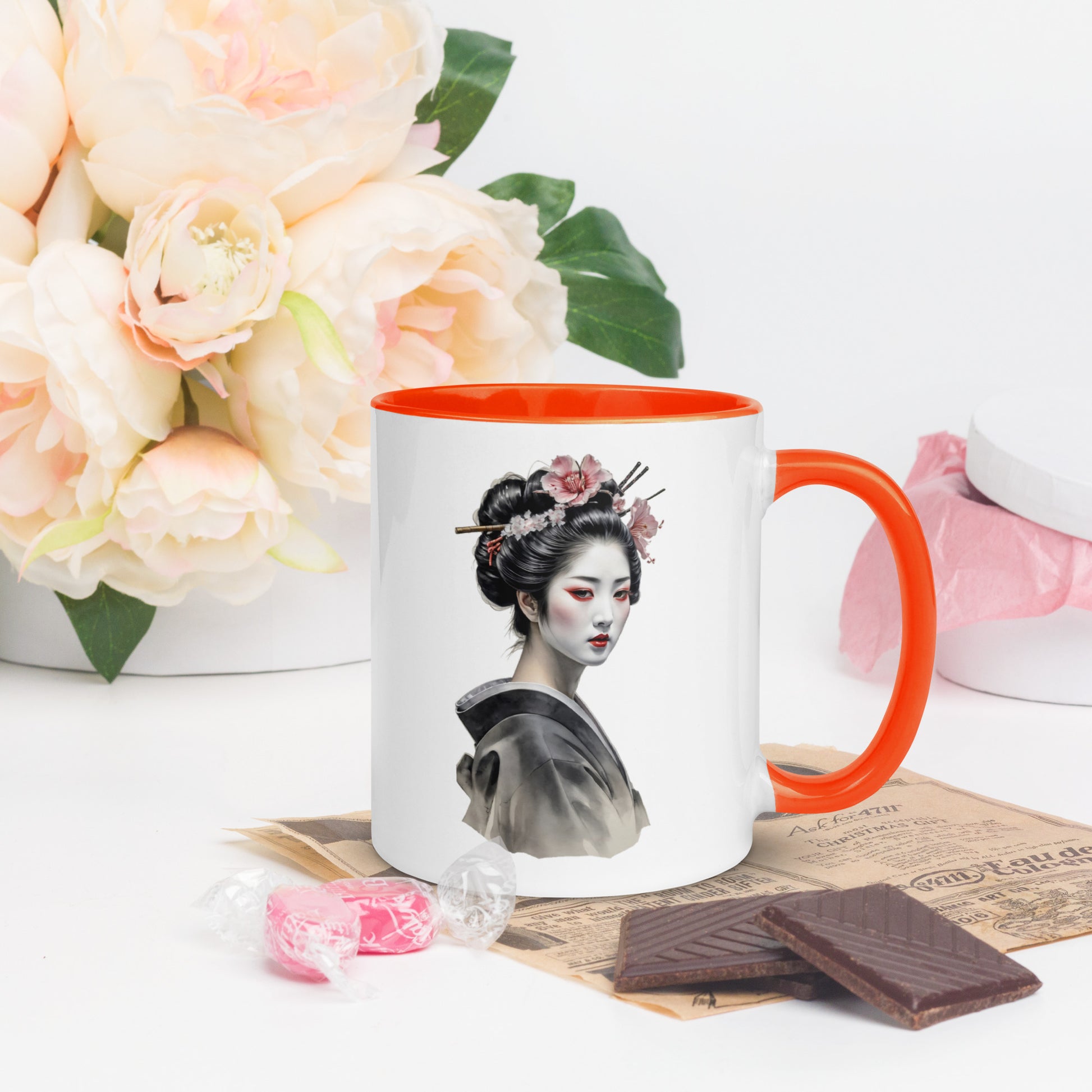 Taza de Cerámica con Interior y Asa de Color – Diseño de Geisha Relajada ideal para tener Estilo y Personalidad - MyDDesign Store