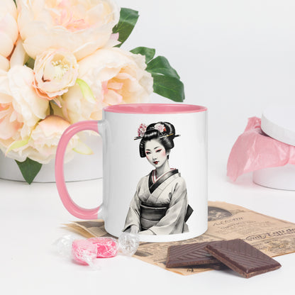 Taza de Cerámica con Interior y Asa de Color – Diseño de Geisha Posando ideal para tener Estilo y Personalidad - MyDDesign Store