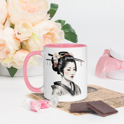 Taza de Cerámica con Interior y Asa de Color "La Belleza de la Geisha" - Estilo y Personalidad - MyDDesign Store