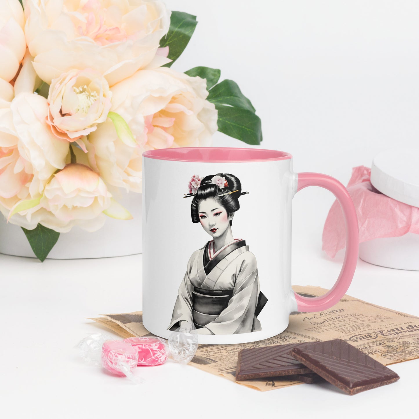 Taza de Cerámica con Interior y Asa de Color – Diseño de Geisha Posando ideal para tener Estilo y Personalidad - MyDDesign Store