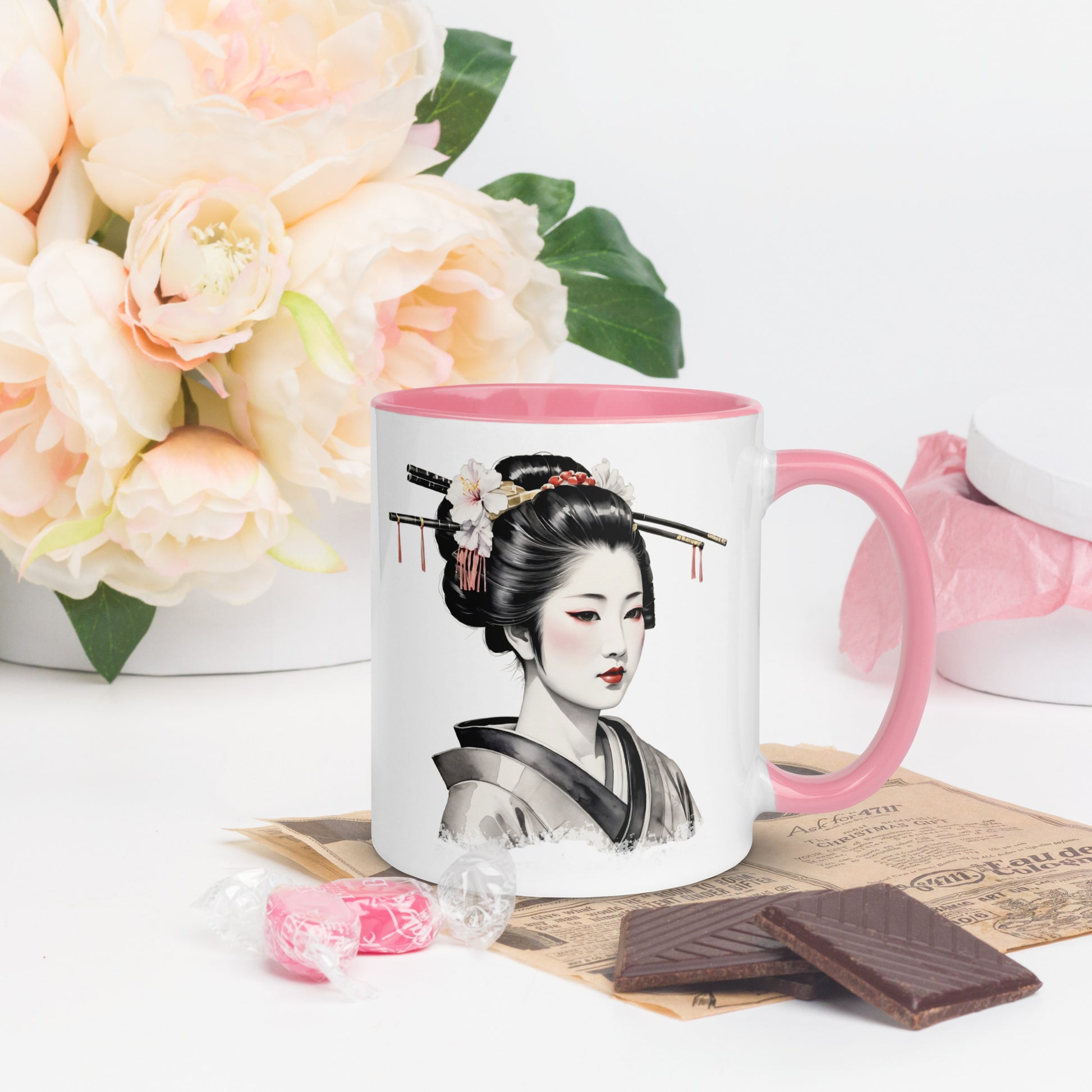 Taza de Cerámica con Interior y Asa de Color "La Belleza de la Geisha" - Estilo y Personalidad - MyDDesign Store