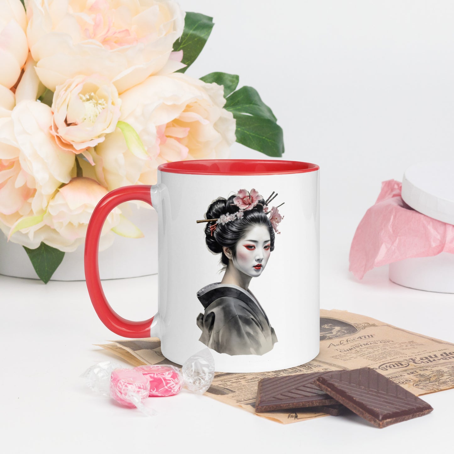 Taza de Cerámica con Interior y Asa de Color – Diseño de Geisha Relajada ideal para tener Estilo y Personalidad - MyDDesign Store