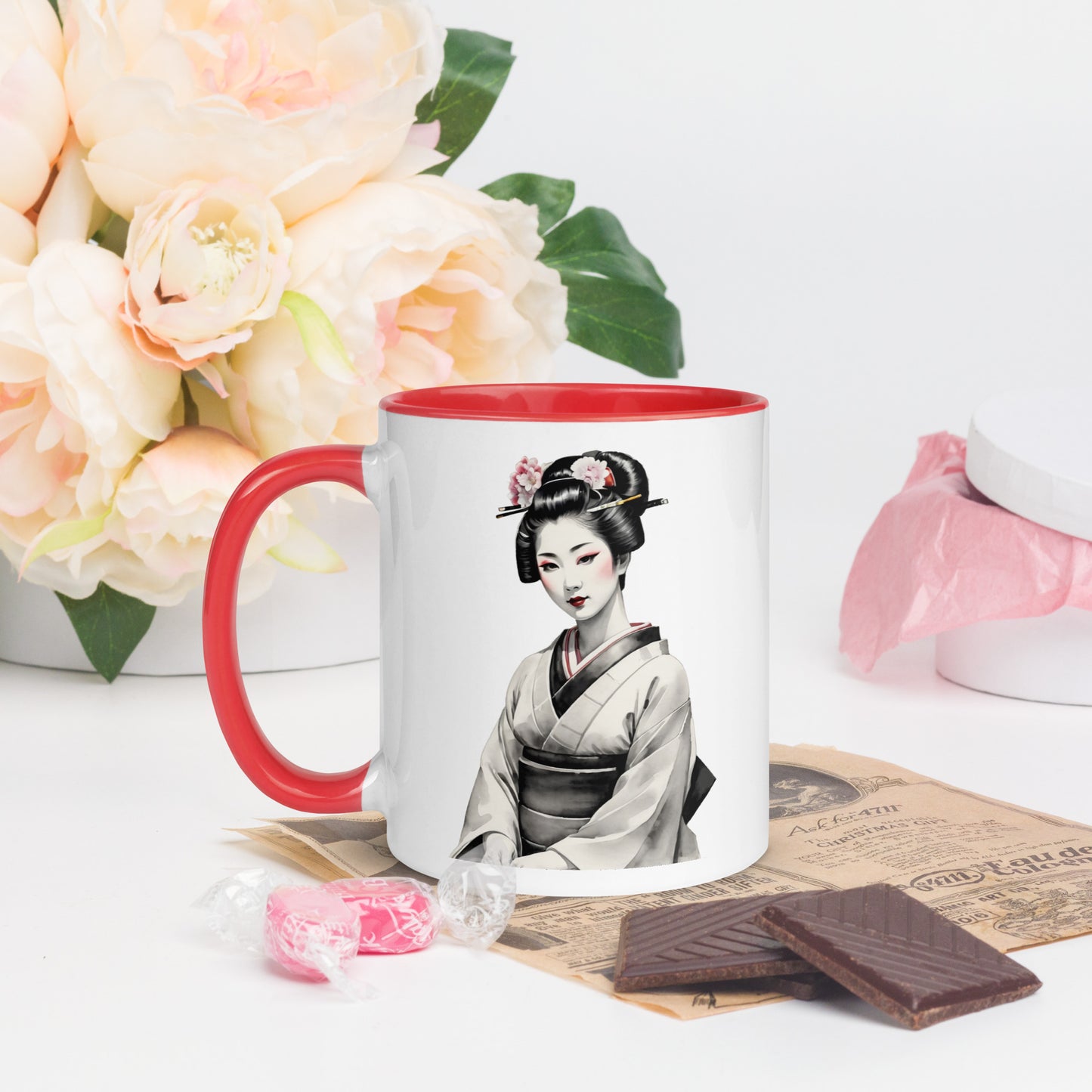 Taza de Cerámica con Interior y Asa de Color – Diseño de Geisha Posando ideal para tener Estilo y Personalidad - MyDDesign Store