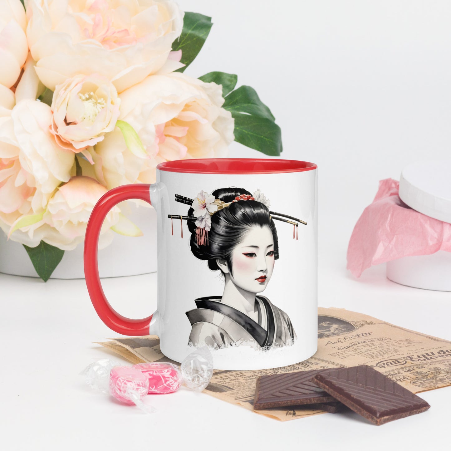 Taza de Cerámica con Interior y Asa de Color "La Belleza de la Geisha" - Estilo y Personalidad - MyDDesign Store