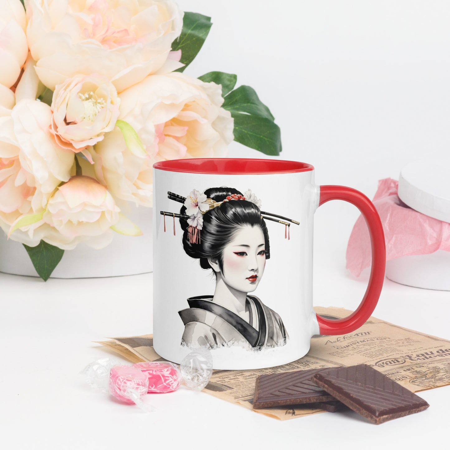 Taza de Cerámica con Interior y Asa de Color "La Belleza de la Geisha" - Estilo y Personalidad - MyDDesign Store