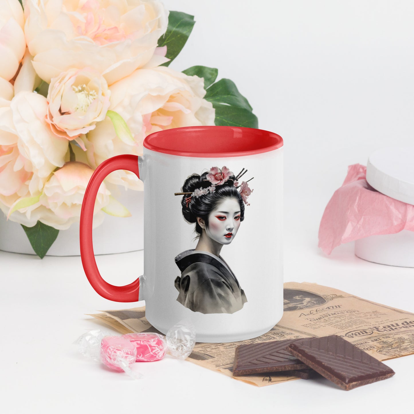 Taza de Cerámica con Interior y Asa de Color – Diseño de Geisha Relajada ideal para tener Estilo y Personalidad - MyDDesign Store