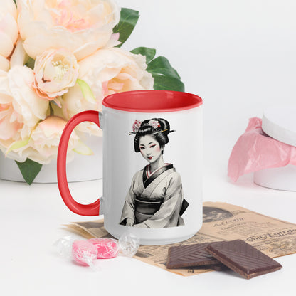 Taza de Cerámica con Interior y Asa de Color – Diseño de Geisha Posando ideal para tener Estilo y Personalidad - MyDDesign Store