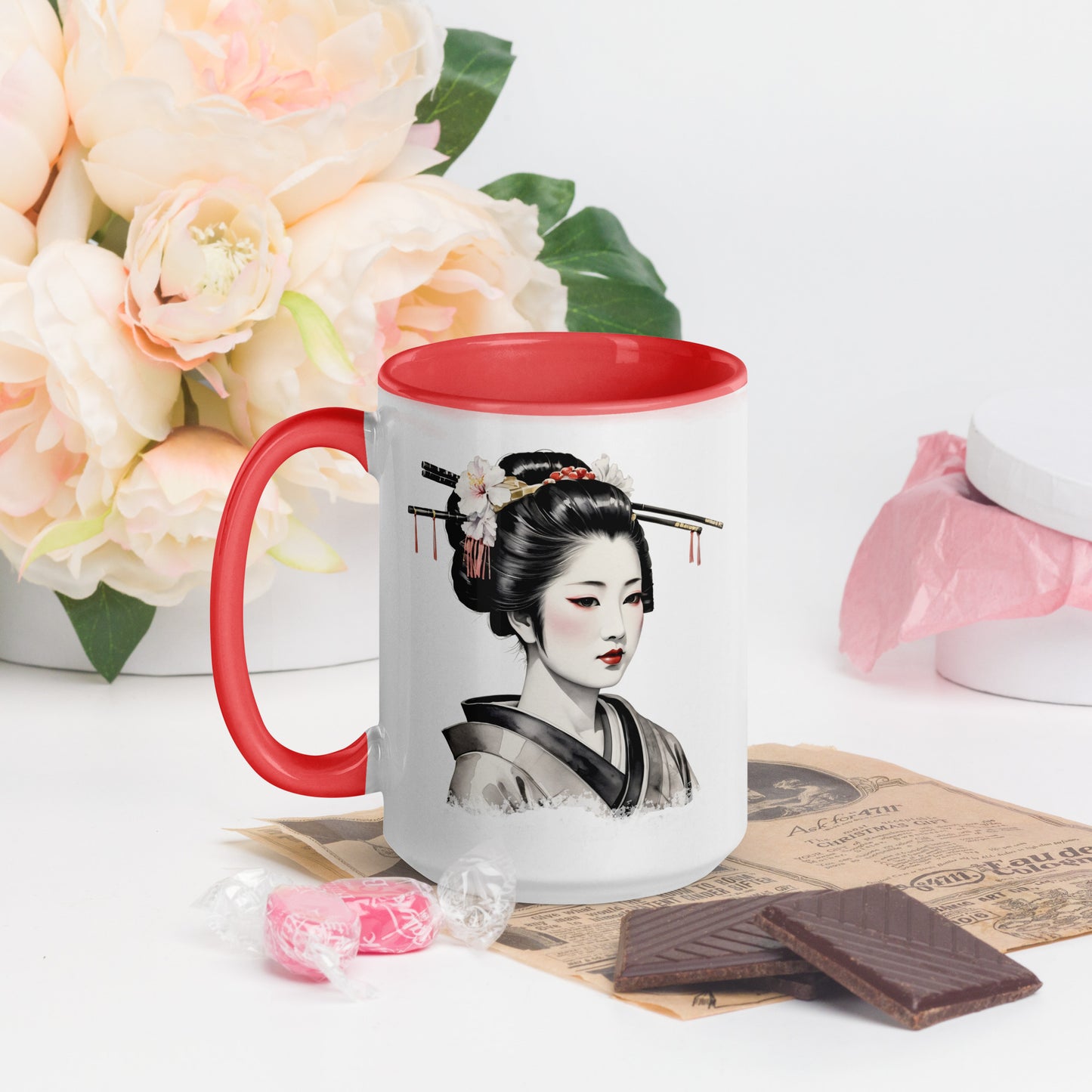 Taza de Cerámica con Interior y Asa de Color "La Belleza de la Geisha" - Estilo y Personalidad - MyDDesign Store