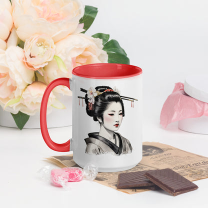 Taza de Cerámica con Interior y Asa de Color "La Belleza de la Geisha" - Estilo y Personalidad - MyDDesign Store