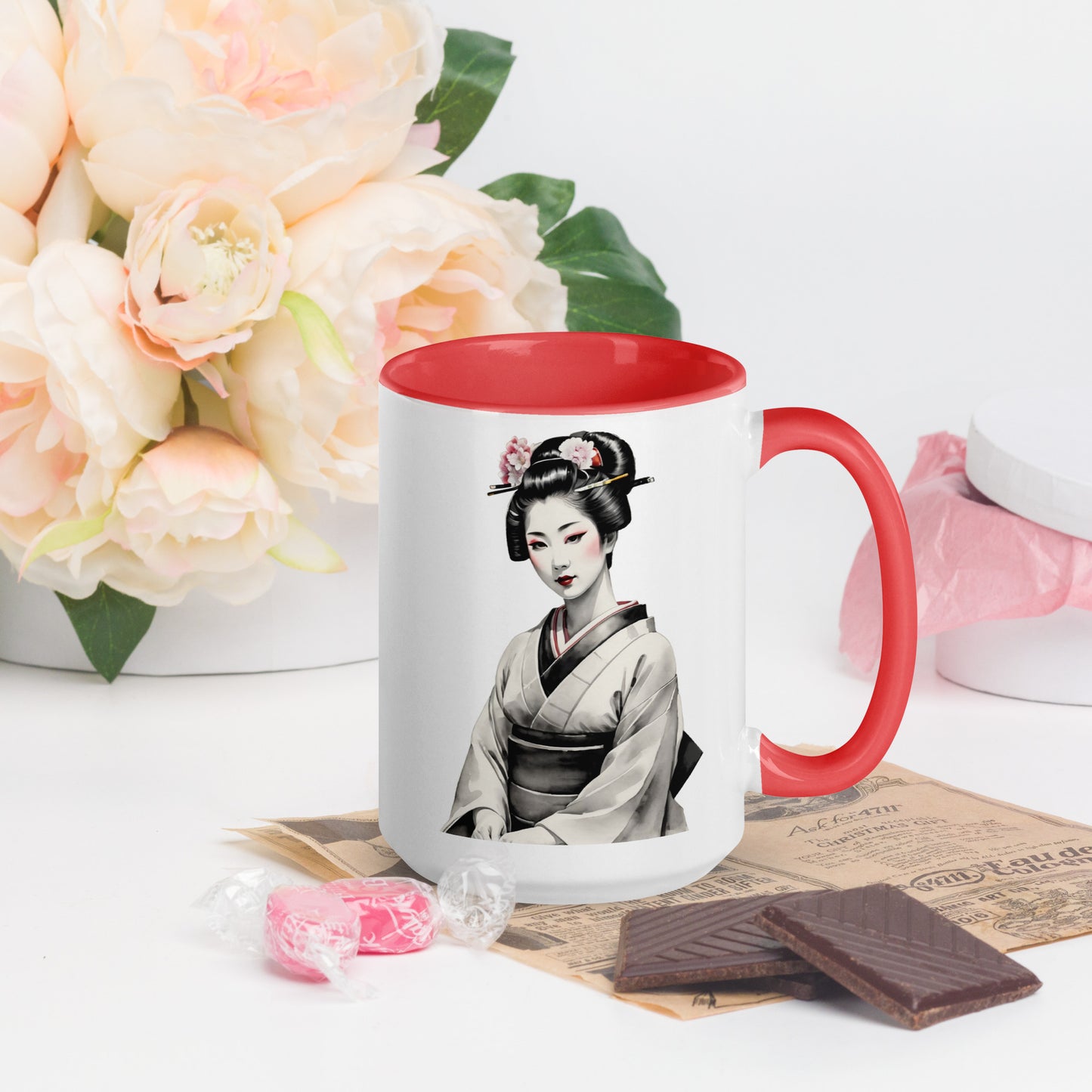 Taza de Cerámica con Interior y Asa de Color – Diseño de Geisha Posando ideal para tener Estilo y Personalidad - MyDDesign Store