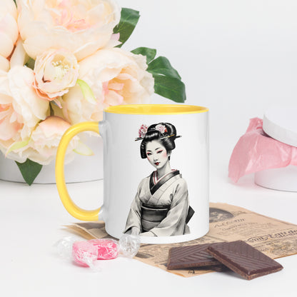 Taza de Cerámica con Interior y Asa de Color – Diseño de Geisha Posando ideal para tener Estilo y Personalidad - MyDDesign Store