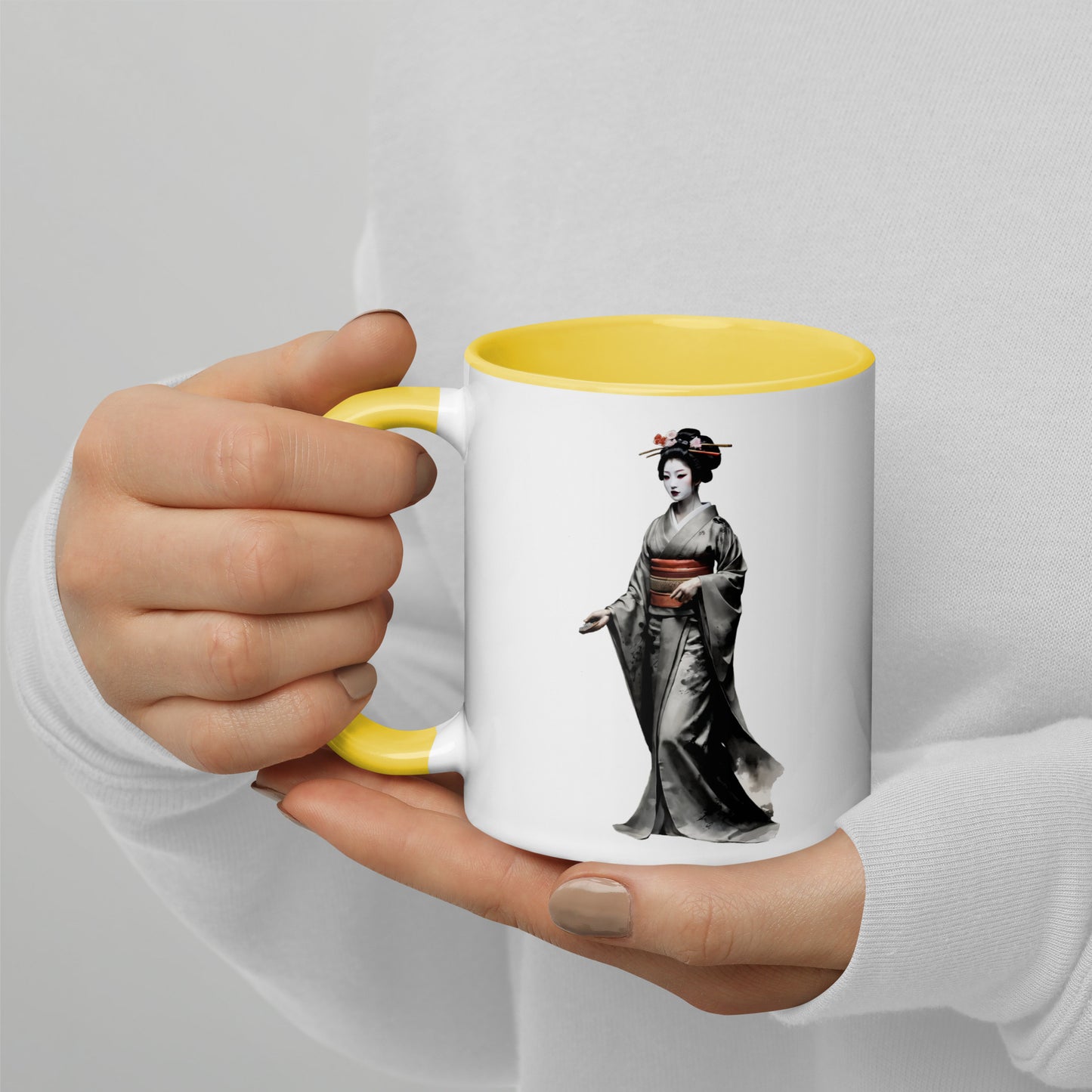 Taza de Cerámica con Interior y Asa de Color "La elegante Geisha" - Estilo y Personalidad - MyDDesign Store