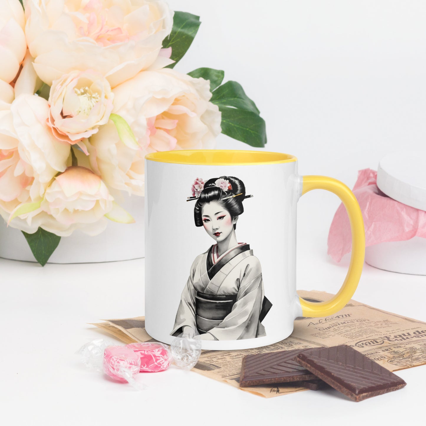 Taza de Cerámica con Interior y Asa de Color – Diseño de Geisha Posando ideal para tener Estilo y Personalidad - MyDDesign Store