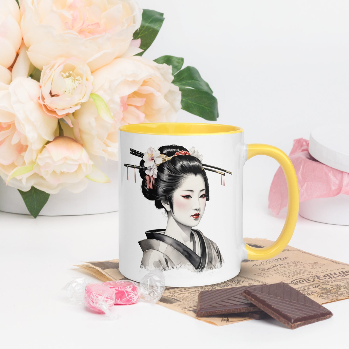 Taza de Cerámica con Interior y Asa de Color "La Belleza de la Geisha" - Estilo y Personalidad - MyDDesign Store